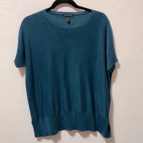 Eillen Fisher Blue Tencell & Merino Wool Short Sleeve Sweater Size XXS - Picture 3 of 7